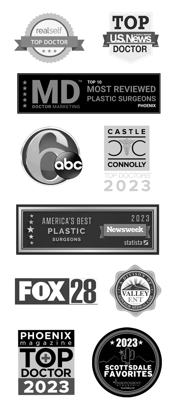 Dr. Hobgood's credentials - Realself Top Doctor, Top Doctor U.S. News, Top 10 most reviewed plastic surgeons Phoenix - MD Doctor Marketing, ABC 6, Fox 28, America's Best Plastic Surgeons 2023 - Newsweek, Scotssdale Favorites 2023, Castle Connolly Top Doctors 2023, Superior Medical Care - Valley ENT, Top Doctor 2023 - Phoenix Magazine