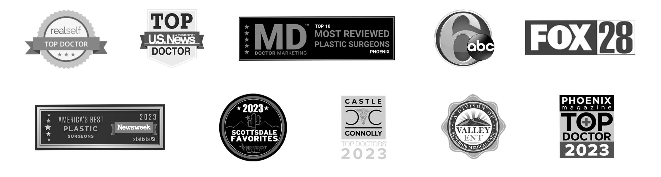 Dr. Hobgood's credentials - Realself Top Doctor, Top Doctor U.S. News, Top 10 most reviewed plastic surgeons Phoenix - MD Doctor Marketing, ABC 6, Fox 28, America's Best Plastic Surgeons 2023 - Newsweek, Scotssdale Favorites 2023, Castle Connolly Top Doctors 2023, Superior Medical Care - Valley ENT, Top Doctor 2023 - Phoenix Magazine