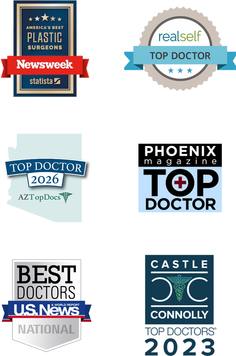 Dr. Todd Hobgoods Award Credentials including Newsweek Plastic Surgeons, realself Top Doctor, AZTopDocs Top Doctors 2026, Phoenix Magazine Top Doctor, Best Doctors U.S. News National, and Castle Connolly Top Doctors 2023