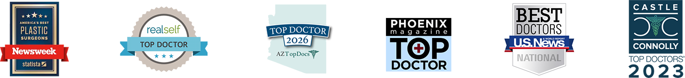 Dr. Todd Hobgoods Award Credentials including Newsweek Plastic Surgeons, realself Top Doctor, AZTopDocs Top Doctors 2026, Phoenix Magazine Top Doctor, Best Doctors U.S. News National, and Castle Connolly Top Doctors 2023