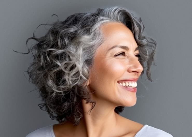 Gray-haired female model headshot