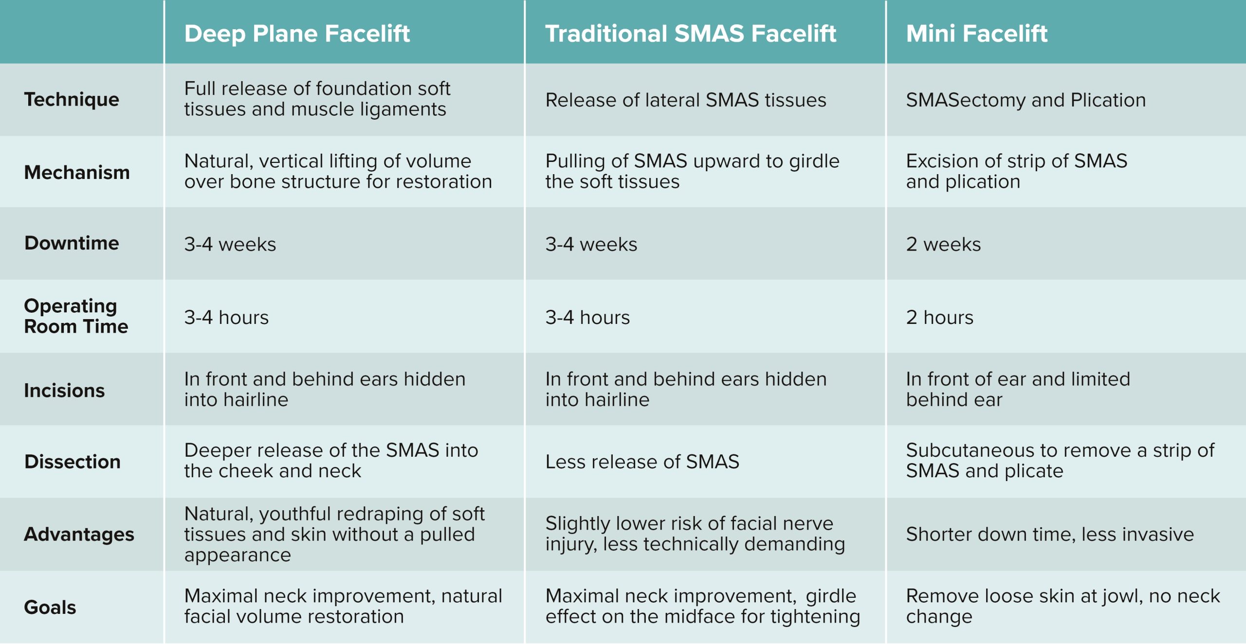 Informational table about different facelift types